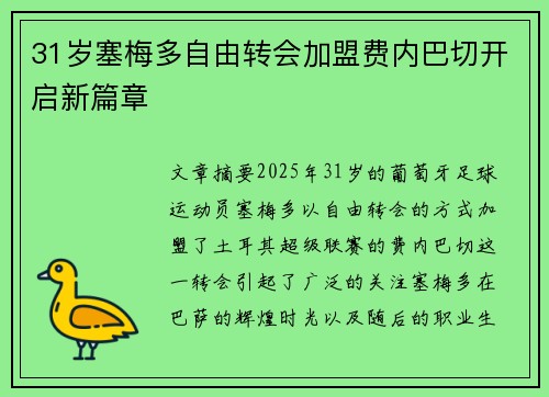 31岁塞梅多自由转会加盟费内巴切开启新篇章