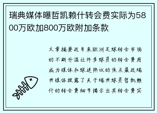 瑞典媒体曝哲凯赖什转会费实际为5800万欧加800万欧附加条款