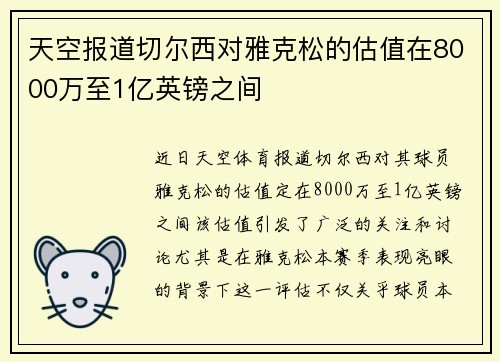 天空报道切尔西对雅克松的估值在8000万至1亿英镑之间