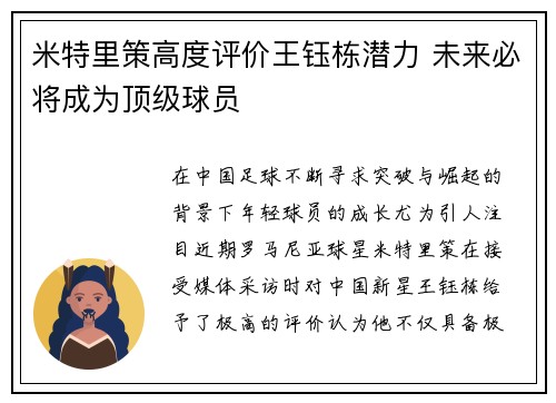 米特里策高度评价王钰栋潜力 未来必将成为顶级球员