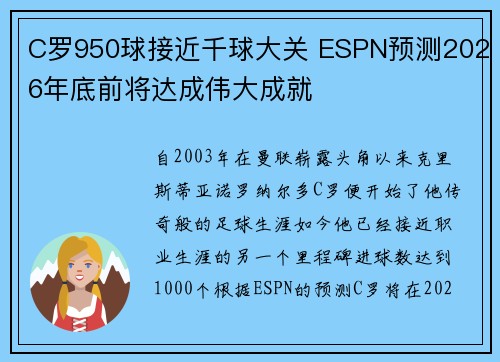 C罗950球接近千球大关 ESPN预测2026年底前将达成伟大成就